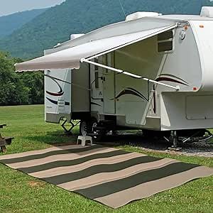 Funky Strokes Outdoor Plastic Straw Rug - Ultra Durable Outdoor Rug for Patio, Deck, Camping or Outside Your RV - 100% Waterproof Polypropylene Mat - Striped Design (Natural & Green, 6' x 9')