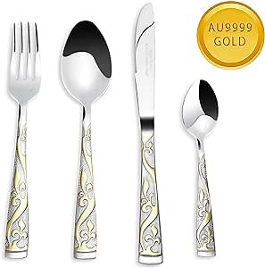 24K Gold-Plated Silverware Set 18/10 Stainless Steel Flatware Set Gold Flatware Cutlery Set Forks Spoons Knives set,1 Set