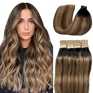 18Inch Tape in Hair Extensions Human Hair Balayage Dark Black to Medium Brown with Ash Blonde 40g 20pcs Real Tape in Remy Skin Weft Hair Extensions