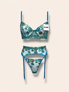 Teal & Green Lace Floral Lingerie Set With, Garter Belt, Thong Panty, Gift for Women - Etsy