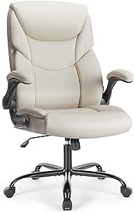 OLIXIS Home Office Chair - Big and Tall Chair for Office, High Back Ergonomic Executive Desk Chair, PU Leather Flip-Up Armrests Computer Chair, Rolling Chair with Wheels, White