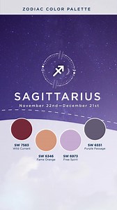 Sagittarius: The archers of the zodiac. ♐️️️️🏹 Your fiery spirit cannot be tamed! Known as one of the most adventurous signs in the zodiac, Sagittarians are passionate, curious, and adaptable. Rich purples and warm oranges are the perfect match for your bold personality. Sagittarians, what do you think of this Sherwin-Williams color palette? | Five Star Painting