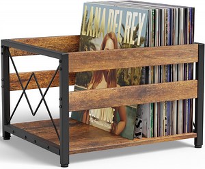 Y&M Vinyl Record Storage Crate, Wooden Storage Box, Classic Cube CD Albums Shelf Holder Organizer, Holds Up to 100 Records, Magazine Rack for Desktop, Home, Office, Brown