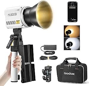 Godox ML60II Bi Kit - Lightweight LED Photography Light with Godox Light App Control, 22500Lux Brightness, Multiple Power Options, and Built-in Dual NP-F970 Batteries for Ultimate Portability