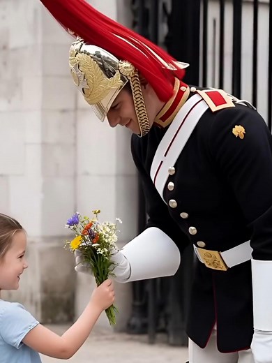 Little Girl Gifts Flower to King's Guard at Horse Guards