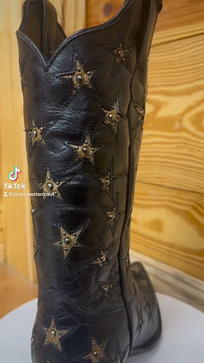 NEW Black Star Boots ~ Marfa boot. Dressed in a beautiful black full-grain leather and adorned with gold inlay stars and studded embellishments, you are sure to turn heads in this showstopper boot. Shop now ~ https://jackswestern.com/products/black-star-marfa-boot-womens #jackswesternoutdoorwear #Christmas #holiday #gift #boots | Jack's Western & Outdoor Wear