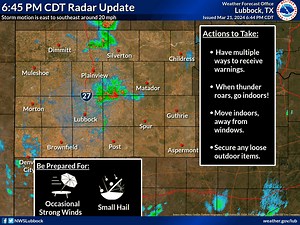 6:45 PM Radar Update Scattered showers and thunderstorms continue to track to the east and southeast across the area. Main threats with storms will be small hail, lightning, and locally heavy rainfall. Continue to monitor forecast to stay #weatheraware! | US National Weather Service Lubbock Texas