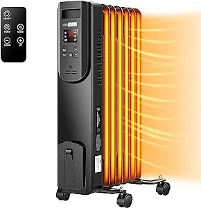 VIVOHOME 1500W Oil Filled Radiator Heater with Remote Control, Electric Portable Heater with Adjustable Thermostat and 24-Hours Timer, Black