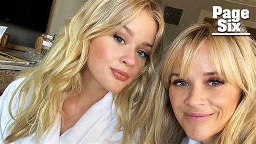 Reese Witherspoon and look-alike daughter Ava twin in bathrobes, strapless dresses