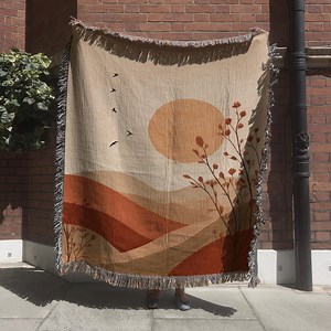 Boho Minimal Landscape Woven Blanket; Abstract Desert Tapestry With Sunset - Etsy