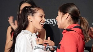 . @seniesa_superbad and @marlen_esparza are hyped up for Saturday as Estrada pushes Esparza earlier today at their face to face. #boxing | Fight Hub TV