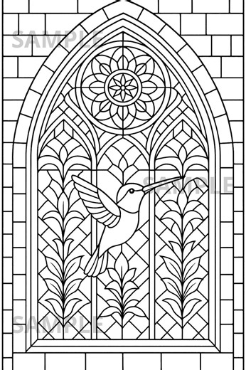 Stained Glass Hummingbird Coloring Page, Gothic Window Printable PNG, Digital Art Coloring Sheet, Relaxing Activity for Adults and Kids - Etsy
