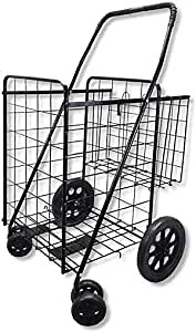 Double Basket Flat Folding Shopping Cart with Swivel Wheels for Laundry Grocery Shopping (Black Cart Only)