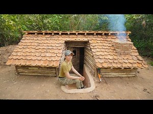 Building Bushcraft Survival Underground Shelter, Clay Fireplace, Log Cabin Roof, START to FINHISH