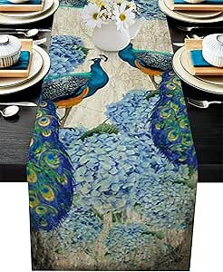 Table Runner|Elegant Beautiful Peacock HydrangeaVintageNewspaperStyleDresserScarvesTable Setting|Decor/DinnerTableRunner|Indoor&Outdoor Events|13x90Inch|XMY20210306SHZF02137ZQDBCHZ