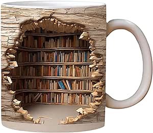 3D Bookshelf Coffee Mug, Creative Space Design Multi-Purpose Ceramic Mug Novelty 11oz Library Bookshelf Coffee and Tea Mug for Women, Men and Book Lovers Earth Tones