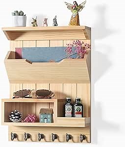 Key Holder for Wall, Elegant Wall-Mounted Mail Organizer, Key and Mail Holder for Wall with 6 Key Hooks, Key Racks for Rustic Home Decor, Pine Wood Natural Color Plus