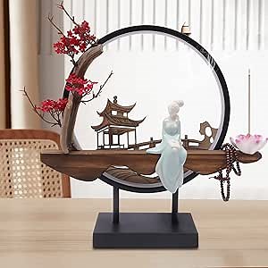 Black Backflow Incense Holder with LED Light, Ceramic Backflow Incense Burner Perfect for Relaxing or Home Decor, Ceramic, Iron, Wood Material
