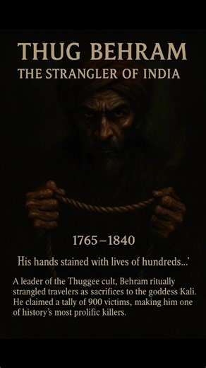 Thug Behram – The Strangler of India (1765–1840) In the shadowed jungles of 18th-century India, a man named Thug Behram became the whisper of death. By day, he was quiet and unassuming — a traveler, a merchant, a friend. But when the moon rose, he became something else. Leader of the infamous Thuggee cult, Behram stalked the roads between kingdoms, preying on travelers who trusted him. With a silk cloth — the rumāl — he strangled his victims, offering their final breath as a sacrifice to Kali, t