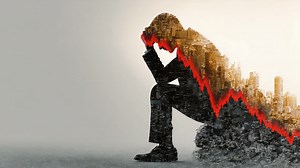 A businessman lost in thought, overwhelmed by financial decline and urban chaos, illustrated by a city skyline blending with a falling stock market trend | Premium Stock Video Footage