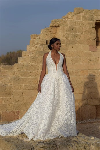 Halter Neck Lace Wedding Dress | Deep V-neck Ball Gown, Full Skirt Bridal - Etsy