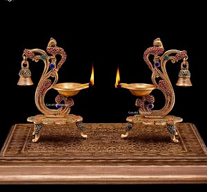 Brass Peacock Diya Hanging Set, Stone Design, Indian Oil Lamp - Etsy Canada