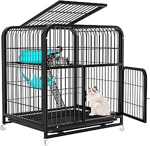 30Inch Durable Cat Cage, Thickened Metal Wire Cat Enclosures Indoor with Wheels, Ladder, Removable Tray, Hammock & Bed for Small Cat Kittens