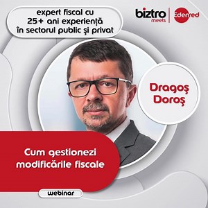 Peisajul economic și legislativ de anul acesta se anunță plin de schimbări și noutăți, iar multe dintre ele vizează antreprenorii din sectorul întreprinderilor mici și mijlocii. Te numeri printre ei? Pentru a-ți desfășura activitatea în siguranță în contextul noului cadru fiscal, te invităm să participi gratuit la webinarul moderat de Dragoș Doroș. Cu o carieră de peste 25 de ani în fiscalitate, cu funcții atât în sectorul privat, cât și în cel public, Dragoș Doroș va explica principalele schimb