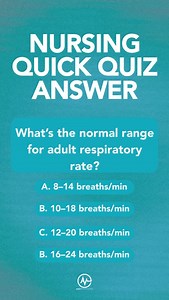 12 reactions | 喙 Nursing Quick Quiz Answer 喙 The normal adult respiratory rate is 12–20 breaths per minute. Knowing your vitals is essential for clinical decision-making. Stay sharp, nurses!  | AMOpportunities | Facebook