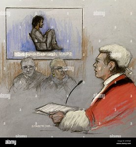 Court artist sketch by Elizabeth Cook of Danyal Hussein being sentenced by Mrs Justice Whipple as he appeared in court at the Old Bailey in London via video link from HMP Belmarsh. Hussein has been sentenced to life in prison with a minimum term of 35 years for the killing of sisters Nicole Smallman and Bibaa Henry. Picture date: Thursday October 28, 2021 Stock Photo - Alamy