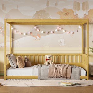 Bellemave Twin Size Canopy Bed Frame with High Fence Guardrails Montessori Floor Bed Frame with Four Poster Design Wooden Canopy Bed (Twin, Natural)