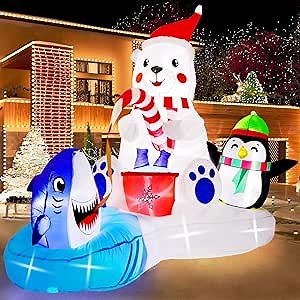 6 Ft Christmas Inflatables Outdoor Decorations, LED Light Up Polar Bear Fishing with Penguin Inflatable Christmas Blow Up Yard Decorations for Garden Lawn Indoor Xmas Holiday Party Decor