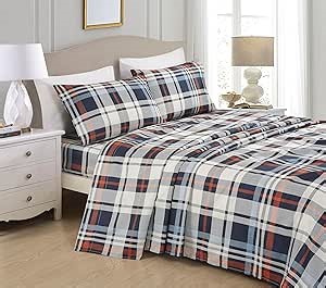 Chezmoi Collection 4-Piece Lodge Plaid Sheet Set King Size - Blue Orange White Herringbone Plaid Stripe Printed Brushed Microfiber Lightweight Breathable Deep Pocket Bed Sheets