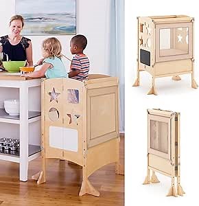 Guidecraft Classic Kitchen Helper® Stool with 2 Keepers - Double Wide: Adjustable Height Step Stool for Kids, Children Furniture