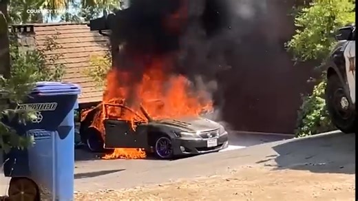 Close call of car in flames at Bass Lake captured on video