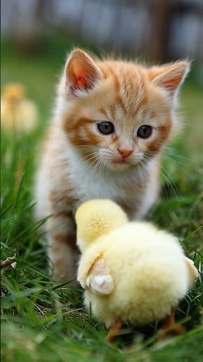Kitten and chicks in a grass #anime #cute #kitten #chicks #happy
