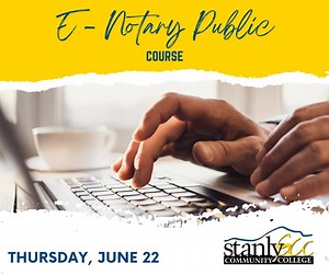 Have you taken our Notary Public course and looking for another opportunity? We are offering an Electronic Notary Public course on Thursday, June 22nd! 💻 This course provides current notaries with the skills to be able to notarize documents electronically. The course only costs $78 and will be held at our Locust Campus from 9 am - 1 pm. The eNotary Books used in this course are provided upon registration. To register, call 704-991-0123 or email onestop@stanly.edu. #SCC #ENotary | Stanly Communi