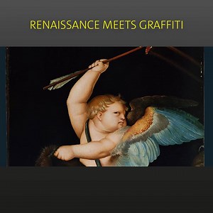 Hier fehlt doch was! Amor ist erhalten, der Rest des Bildes verschollen. Streetart-Künstler inzoolo sprüht es einfach zu Ende. #100SekundenKunst "Amor mit dem flammenden Pfeil" von Hans Baldung Grien - zu sehen im Augustinermuseum in Freiburg. | SWR Kultur