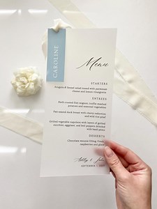 Vellum Dinner Menus With Chiffon Ribbon, Place Card Name Tags, 4x9 Wedding Menu, Printed Vellum Paper, Reception Menu, for Dinner Party Host - Etsy