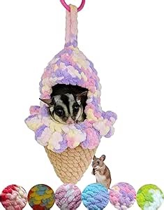 Ice-cream-shape Sugar Glider Bed, Hand-woven Hamster Hammock Gerbil Sleeping Bag Bedding Decoration Perfect Mouse Hideout Small Animal Cage Accessories Suitable for Bear Hedgehog, Color Random