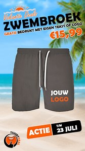 Zwembroek nu €15,99. Jouw eigen unieke zwembroek bedrukt met je eigen tekst of logo😊 Leuk voor de zomer! Wees er snel bij, actie loopt t/m 23 juli☀️ https://tinyurl.com/Zwembroektshirtdeal #summer #zomer #vakantie #vakantiedeals #tshirtdeal #textieldrukkerij #bedrukken #zwembroek #zwemmen #zon | Tshirtdeal