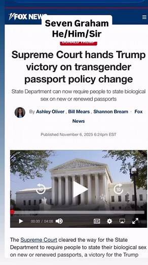 The *Short (more #viral) cut of Seven Graham talking on the X Passports for #intersex part of yesterday’s shameful Supreme Court in USA decision. Enforcing Trump’s reversal of allowing #trans people to have a gender not the same as Sex assigned at birth. And intersex and non-binary folx to have an X if that fits them more.. PS I was assigned Female at birth, but I’m XY, had internal testes (Drs stole to ‘fix me’ as Female). I knew my gender was Male from my earliest sentences & battles over clot