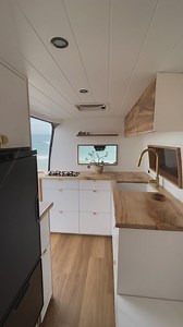 Livin it upppp in this camper van We decked out this Mercedes Sprinter with bunk beds for a local mum to enjoy with her son As well as: a fridge freezer, two burner stove, sink with retractable faucet, WASHING MACHINE (a rarity), skylight, maxxair fan, reading lights, pull out dining area, solar power, lighting, outdoor shower, pull out back deck, and plenty of storage space What do you think of this build? 🔨 | Byron Bay Van Fitouts