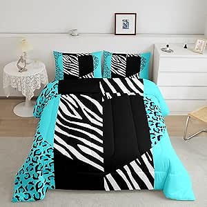 Manfei Leopard Print Comforter Set - Queen Size, Romantic Heart Print Quilt Set with 2 Pillowcases, Black White Zebra Stripe Bedding Set 3pcs for Kids Boy Girls, Animal Skin Duvet Insert
