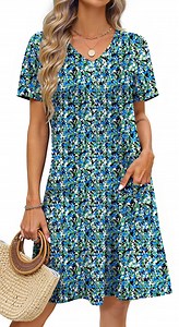 Fantaslook Summer Dresses for Women V Neck Short Sleeve Casual T Shirt Dress Beach Sundresses with Pockets