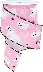 Whaline Halloween Wired Edge Ribbon 2.5 Inch Pink Ghost Ribbon Spooky Gift Wrapping Ribbons for Bow Wreath Craft Party Decor, 10 Yards