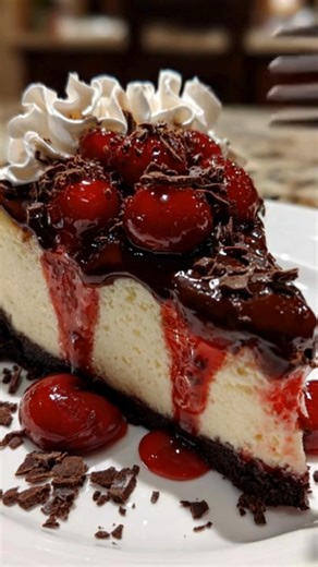 Black Forest Cheesecake 🍒🍫 WHAT YOU NEED For the Crust: 20 chocolate sandwich cookies (like Oreos), crushed 5 tbsp unsalted butter, melted For the Cherry Sauce: 2 cups pitted fresh or frozen dark sweet cherries 1/2 cup granulated sugar 2 tbsp cornstarch 1/4 cup water 1 tbsp fresh lemon juice For the Cheesecake Filling: 24 oz cream cheese, softened 1 cup granulated sugar 3 large eggs 1 tsp vanilla extract 1/2 cup sour cream For the Topping: 1/2 cup chocolate ganache or chocolate frosting Whippe