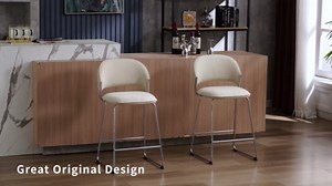 Modern Bar Stools 26”, Set of 2 Counter Height Barstools for Kitchen Counter with Back Upholstered Comfortable with Beige Fabric Seating, Metal Legs