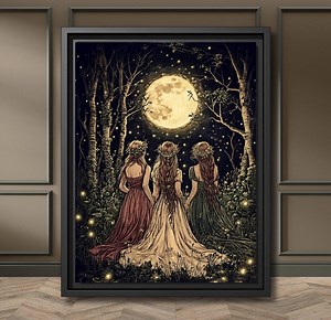 Moonlit Pre Raphaelite Sisterhood Print Fairy Forest Wall Art Full Moon Ritual Witch Picture, Garlands Plaits and Flowing Dresses, Fireflies - Etsy