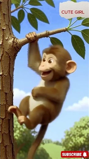 “A cute 3D cartoon monkey is hanging upside down from a tree branch.